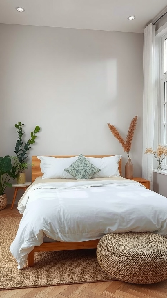 A cozy, nature-inspired preschooler bedroom with a wooden bed, white bedding, plants, and a natural fiber rug.