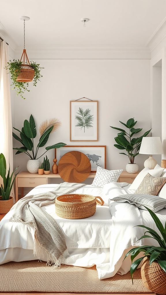 A serene bedroom with plants, natural textures, and soft colors, creating a nature-inspired retreat.