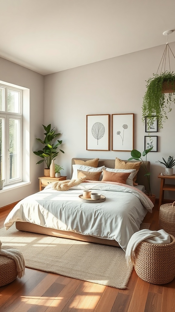 A cozy basement bedroom with natural light, plants, and earthy tones.