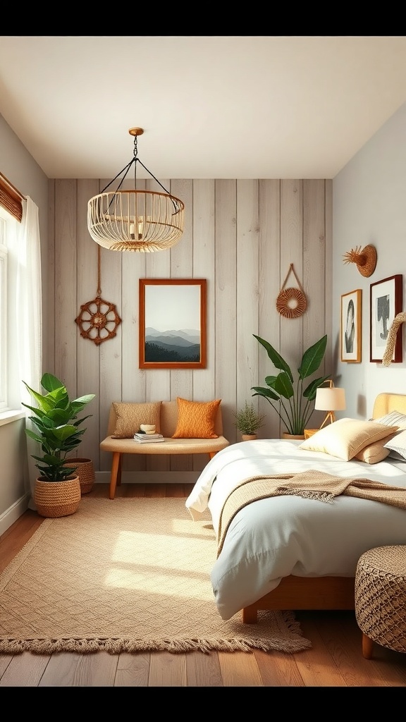 A cozy, nature-inspired teen bedroom with wooden paneling, plants, and warm decor.