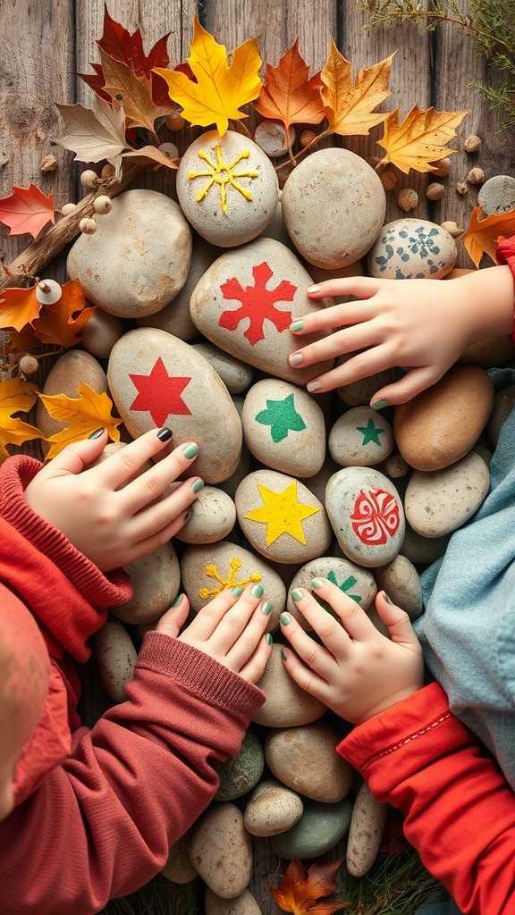 Children's hands painting colorful designs on smooth stones surrounded by autumn leaves.