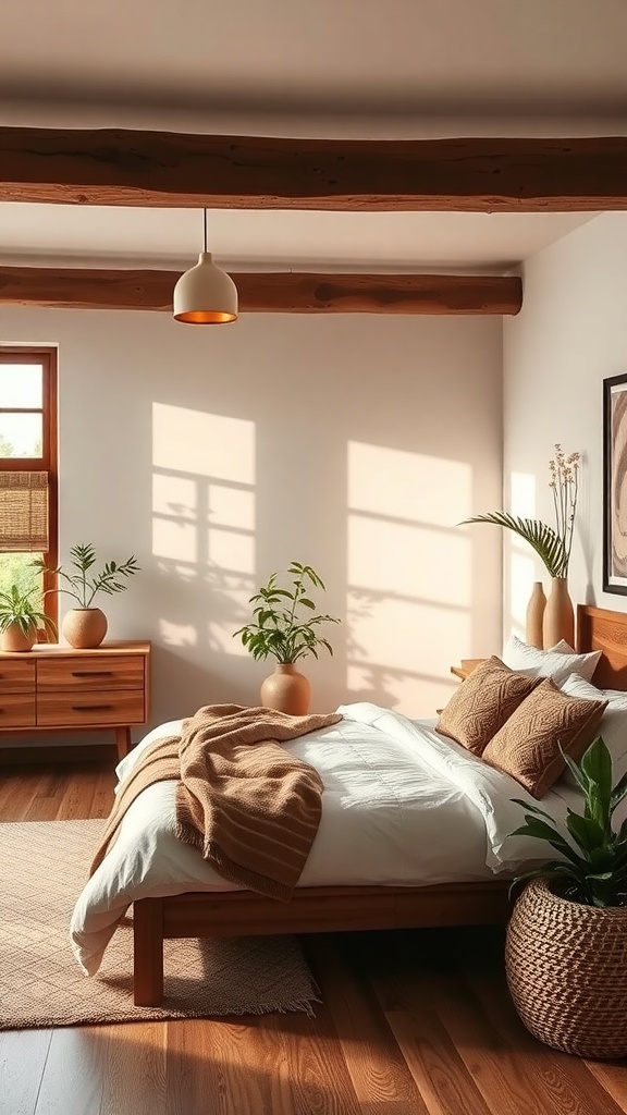 A cozy bedroom with wooden beams, plants, and warm-toned decor.
