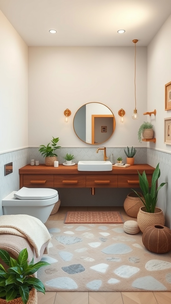 A modern bathroom featuring a wooden vanity, round mirror, and various plants in decorative pots.