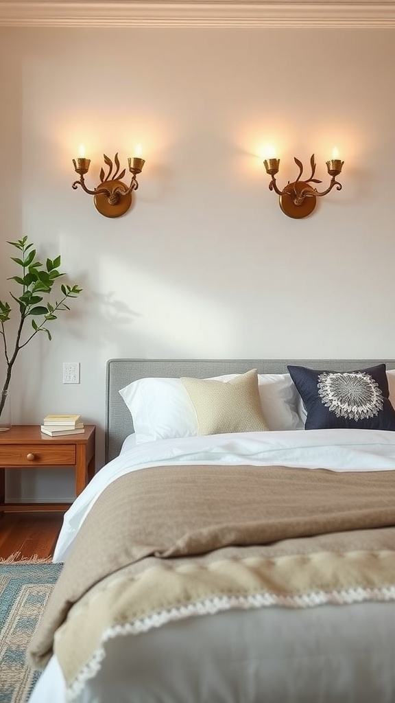 Nature-inspired sconces with organic shapes illuminating a bedroom with soft bedding and a plant.