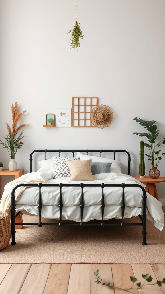 A cozy bedroom featuring a black metal bed frame, soft bedding, wooden furniture, and plants, creating a serene atmosphere.