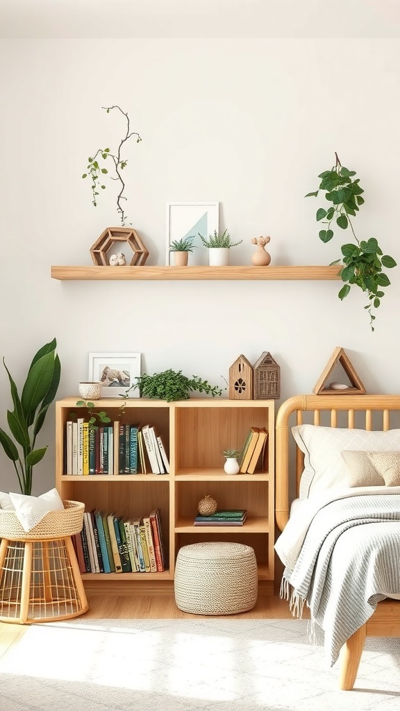 A nature-inspired nursery bookshelf with wooden shelves, plants, and books.