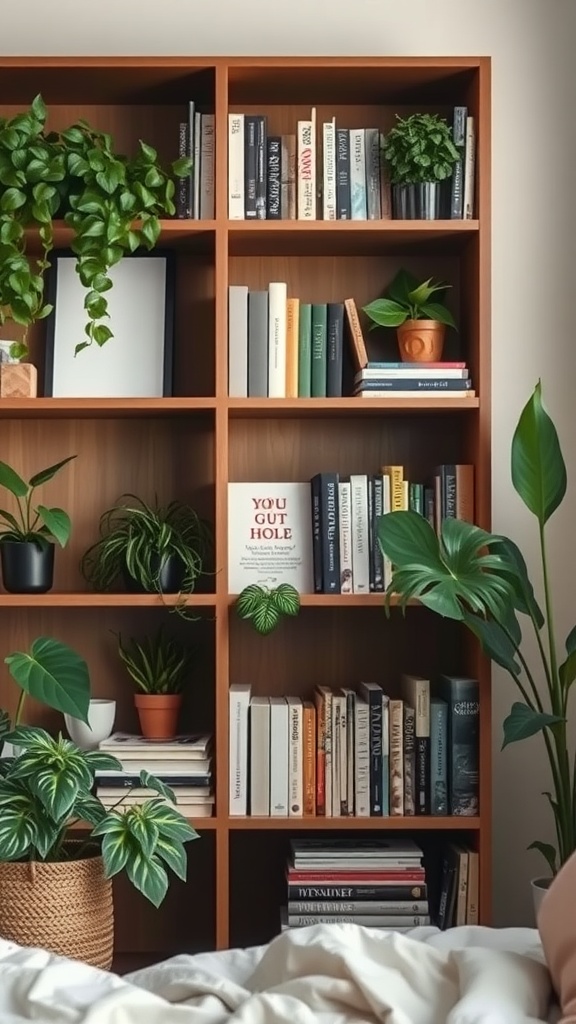 A stylish bookshelf with books and various potted plants, creating a nature-inspired look.