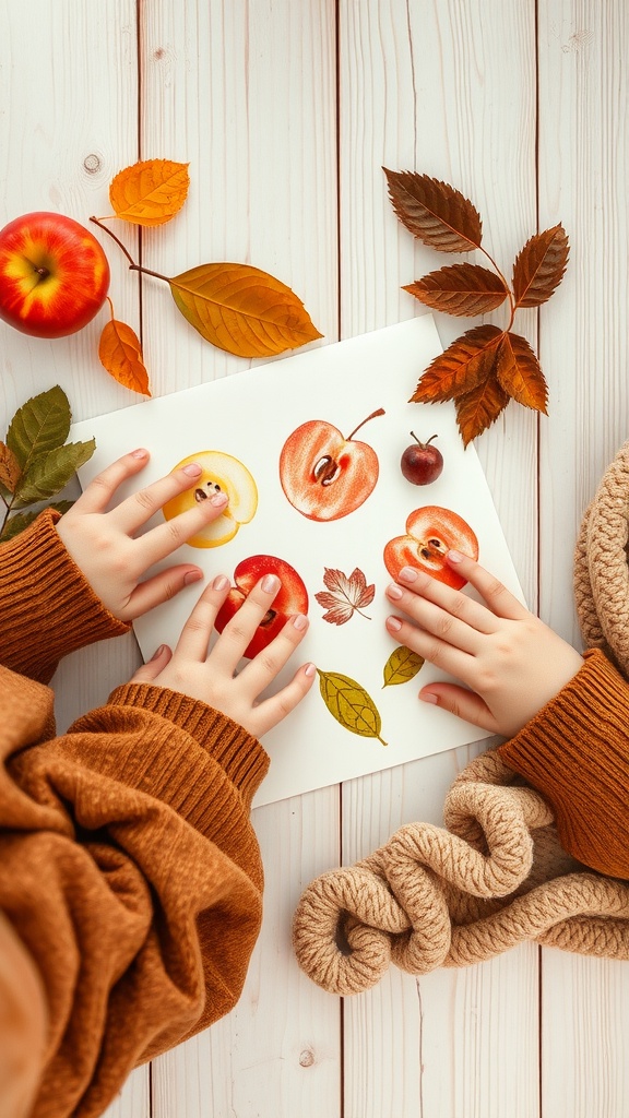 A child's hands creating nature-inspired stamps with apples and leaves on a white sheet.