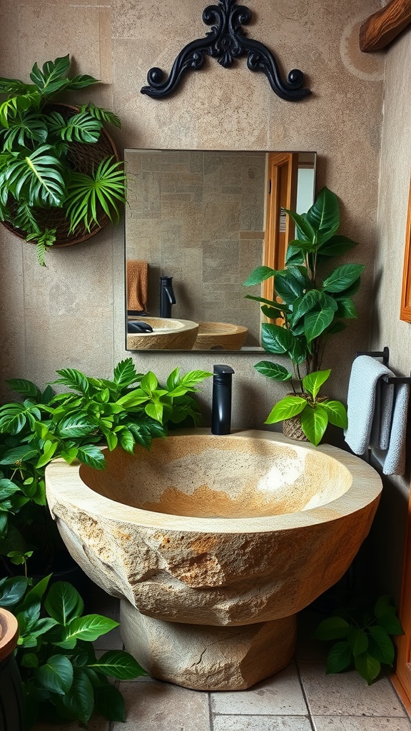 A rustic stone sink surrounded by greenery in a bathroom setting