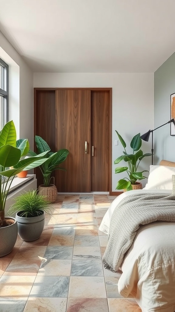 A bedroom featuring nature-inspired stone tiles with potted plants and wooden wardrobe.