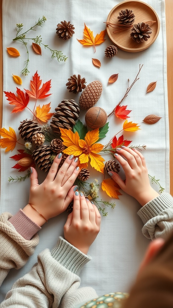 Hands arranging pinecones and colorful leaves on a table for a natural centerpiece.