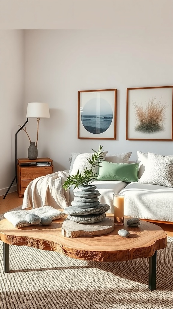 A nature-inspired living room table decor featuring a wooden coffee table with stacked stones and a small plant.