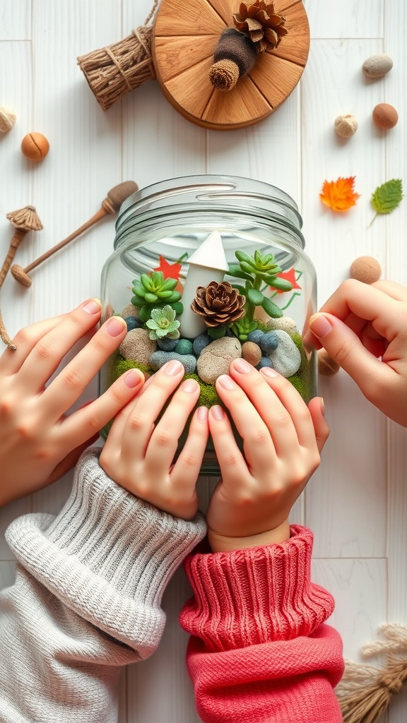 Children's hands assembling a nature-inspired terrarium in a mason jar with colorful pebbles and small plants.