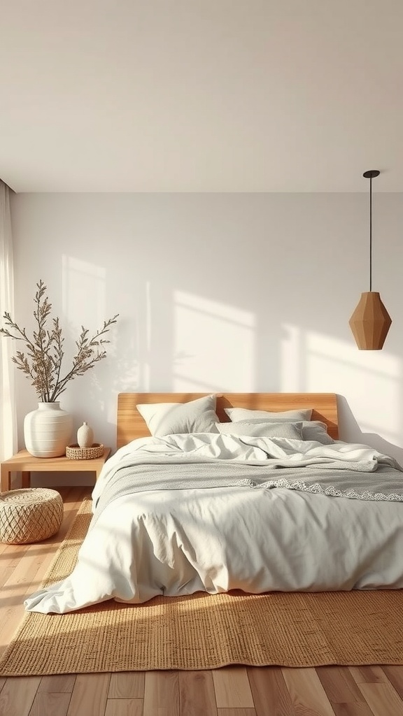 A serene zen bedroom featuring a wooden bed, soft bedding, a woven rug, and a vase with branches.