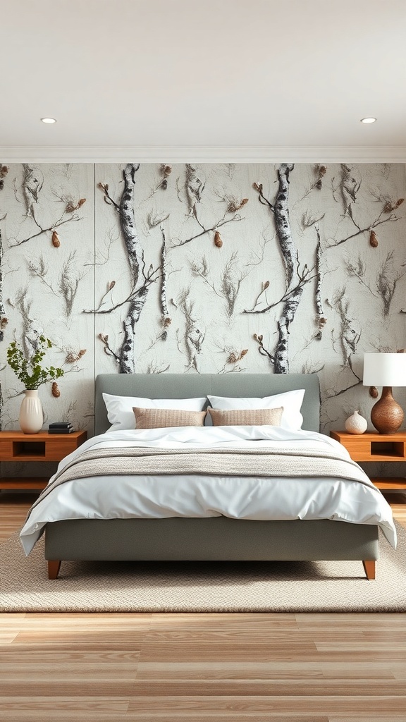 A cozy bedroom featuring a 3D wall panel with nature-inspired textures, including branches and soft colors.