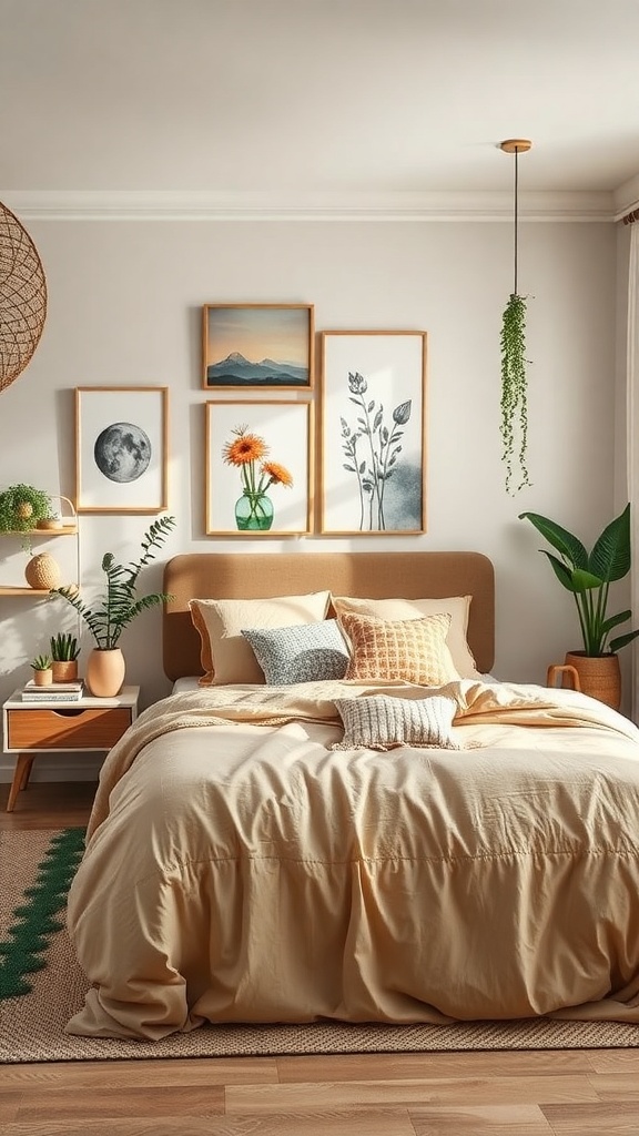 A cozy bedroom featuring beige bedding, nature-themed artwork, and plants, creating a tranquil retreat.