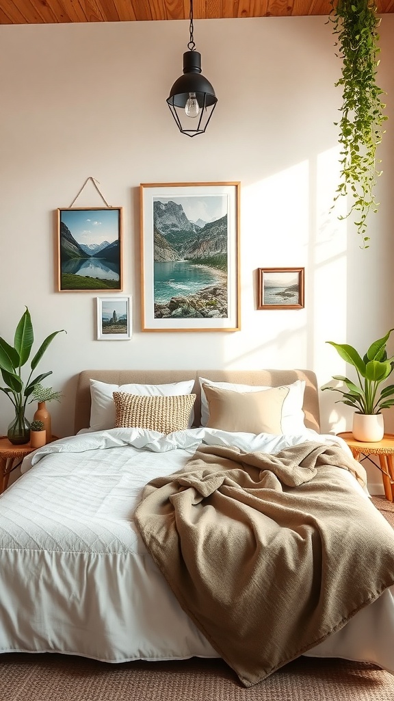A cozy bedroom with nature-inspired decor featuring a bed, plants, and landscape art.