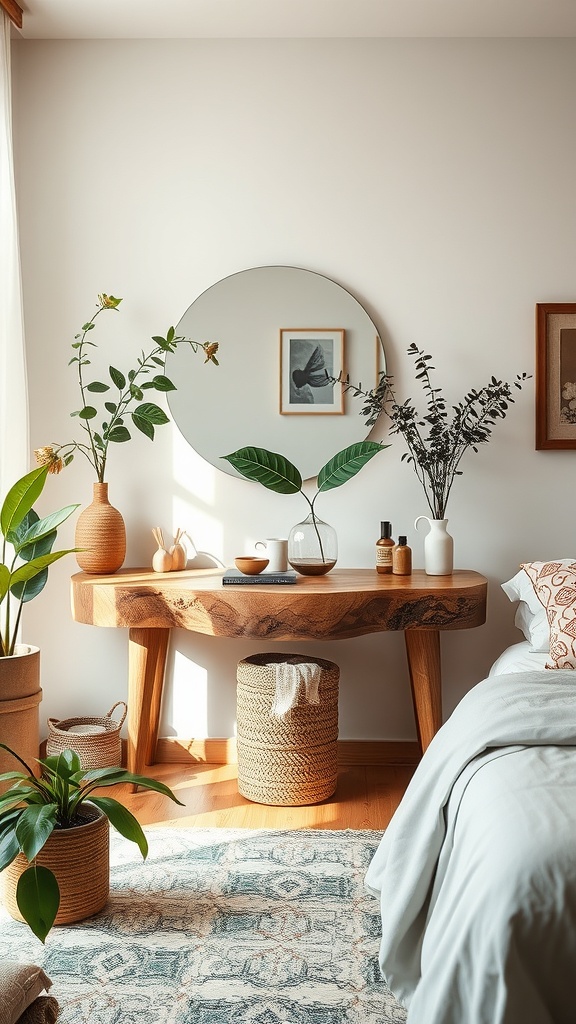 Nature-inspired bathroom vanity made of live edge wood with plants and a round mirror.