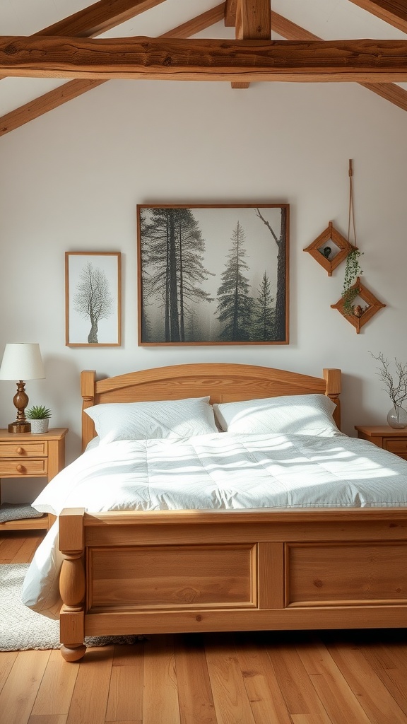 A cozy cottage bedroom with nature-inspired wall art featuring trees, wooden furniture, and a serene atmosphere.