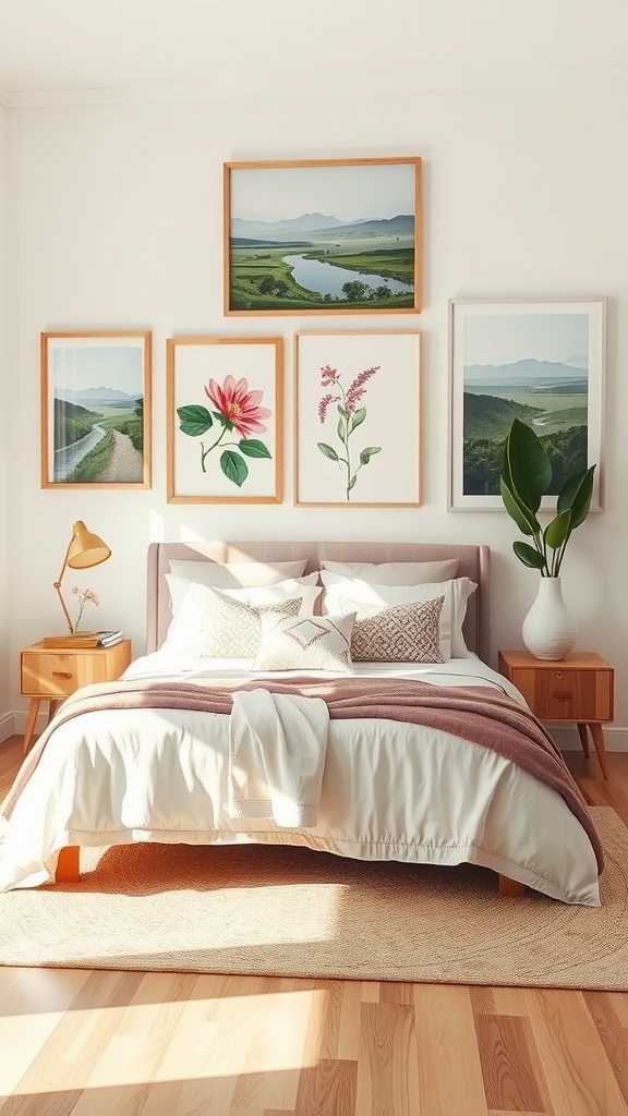 A cozy bedroom featuring nature-inspired wall art with landscapes and floral designs.