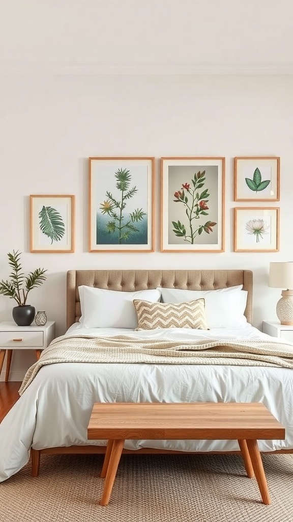 A cozy bedroom featuring nature-inspired wall art with framed botanical prints above a bed.