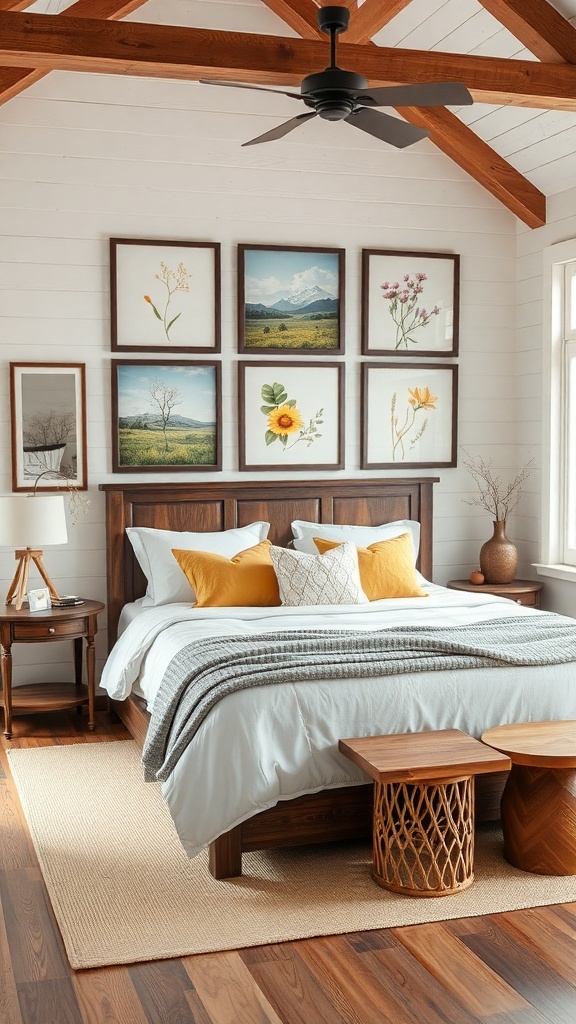 A farmhouse bedroom with nature-inspired wall art featuring botanical prints.