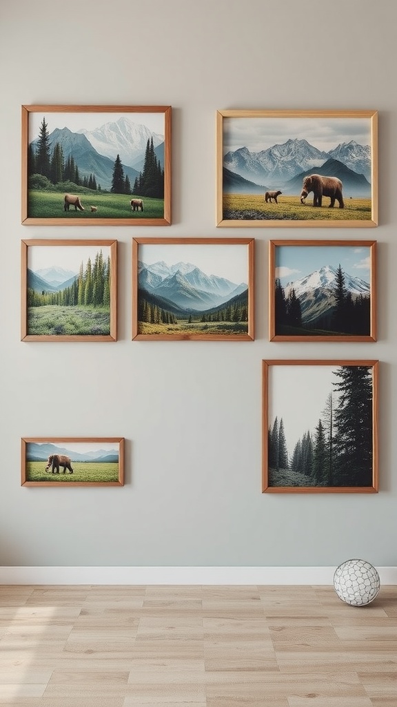 A collection of nature-inspired wall art featuring landscapes and wildlife in wooden frames.