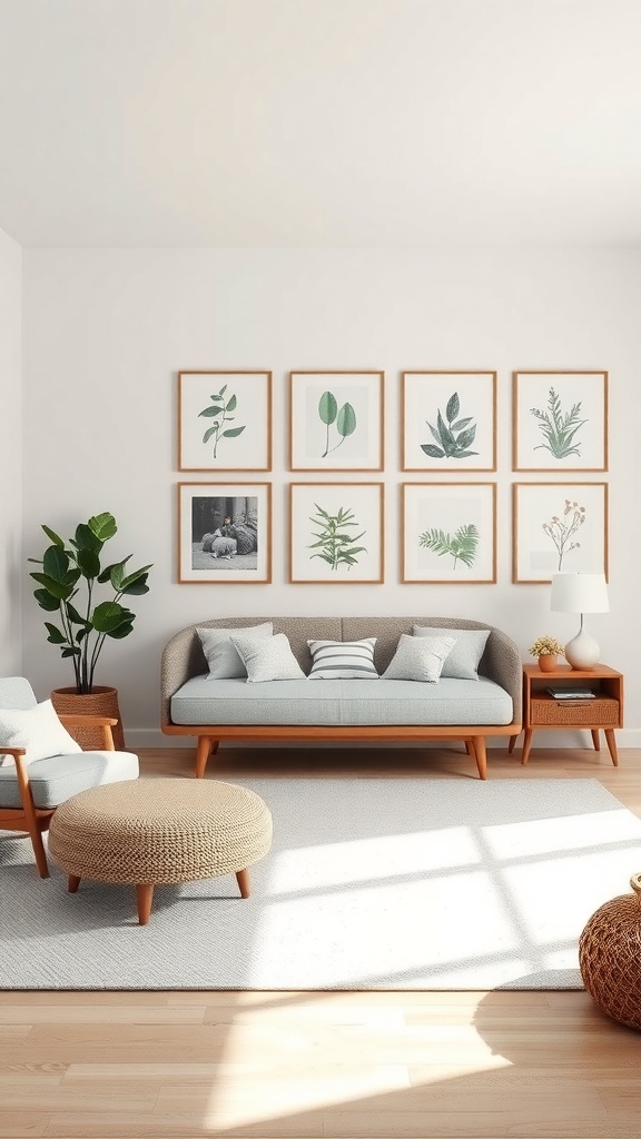 Living room with nature-inspired wall decor featuring framed botanical prints and a cozy seating area.