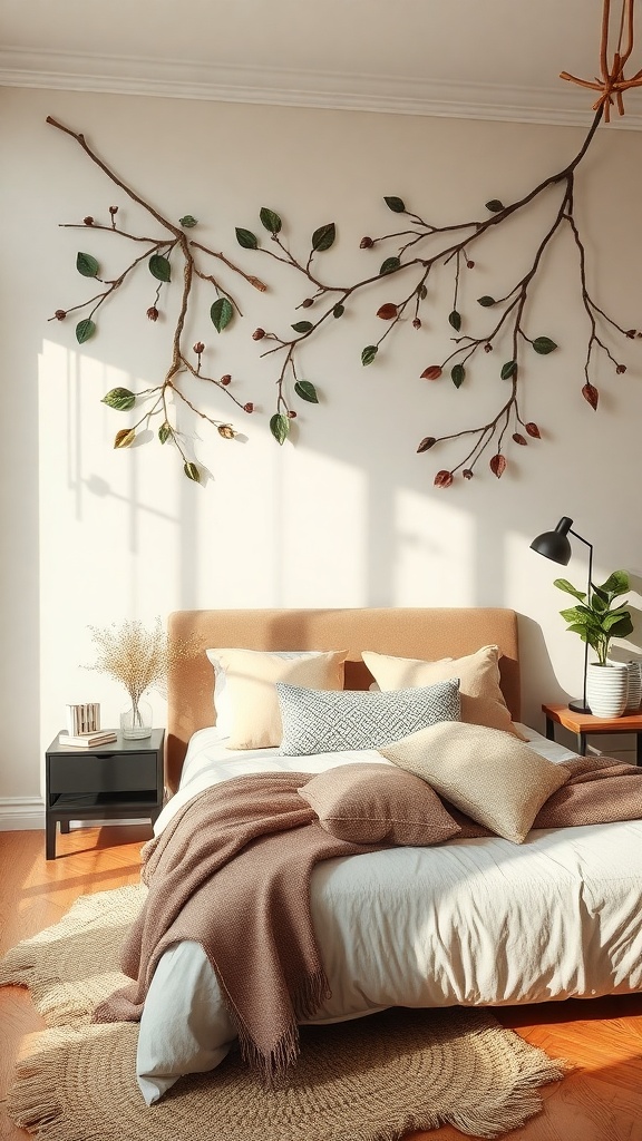 A cozy bedroom featuring nature-inspired wall decor with branches and leaves above the bed.