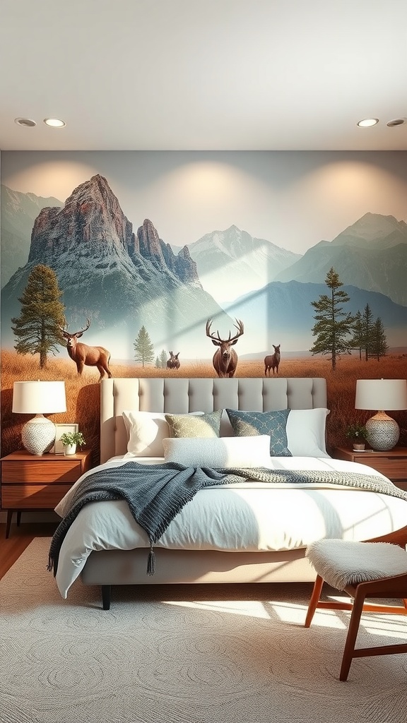 A western-themed bedroom with a nature-inspired mural featuring mountains and deer.