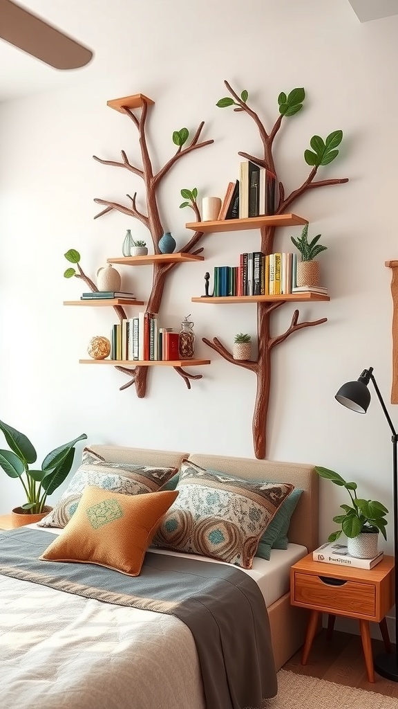 Nature-inspired wall shelves resembling tree branches with books and plants