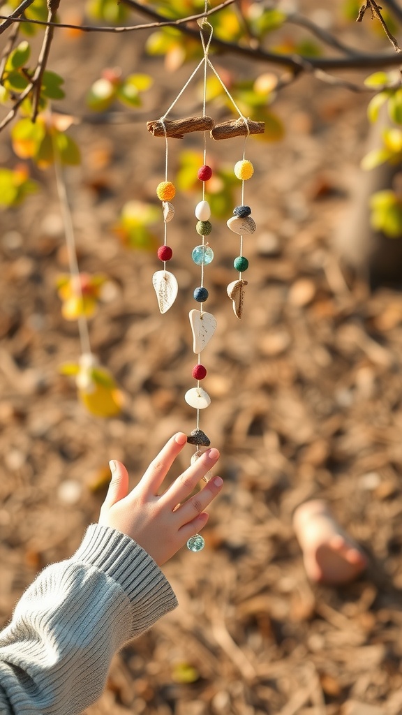 A child reaching for a handmade wind chime hanging from a tree branch, made from sticks, beads, and leaves.