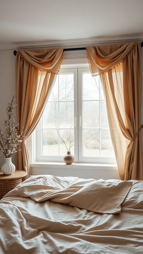 A cozy bedroom with soft beige curtains framing a window, showcasing nature-inspired decor.