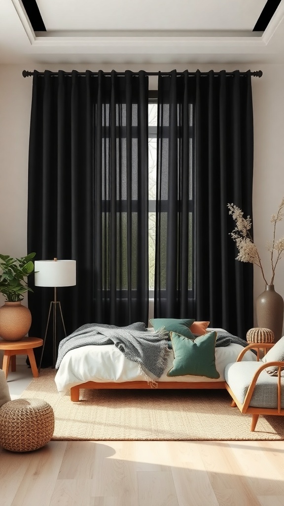 A cozy living room featuring black curtains, wooden furniture, and earthy tones.