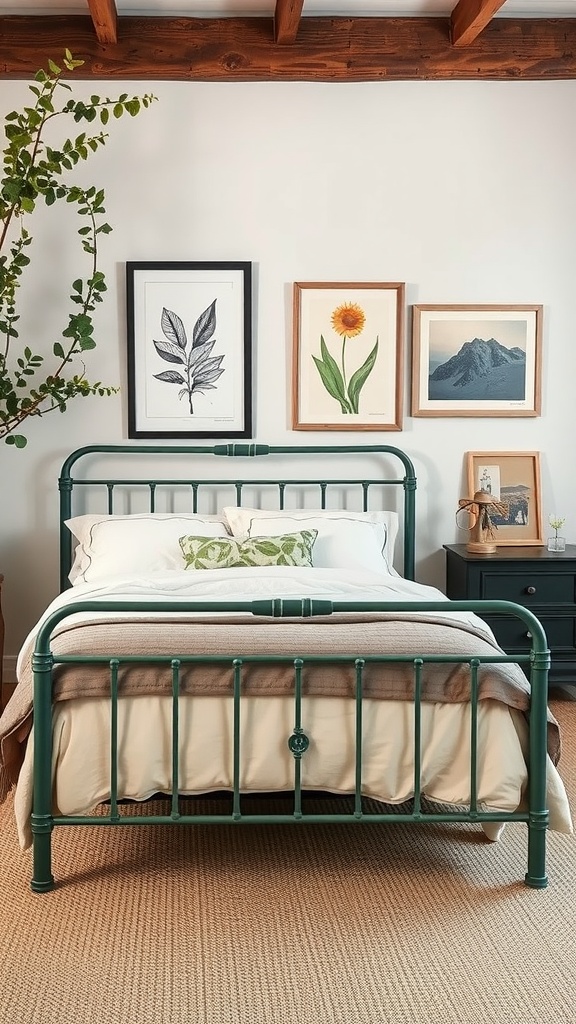 A cozy bedroom featuring a green metal bed frame, neutral bedding, wall art, and a potted plant.