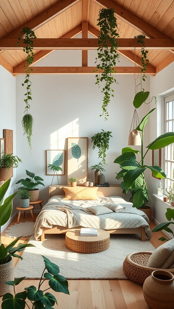 A nature-inspired loft bedroom with indoor plants, wooden beams, and natural light.