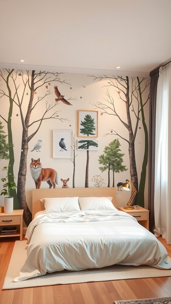 Bedroom wall with nature-inspired woodland scene featuring trees, birds, and animals.