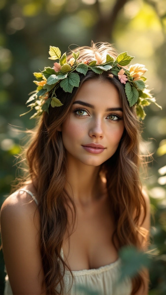 A woman wearing a crochet crown made of green leaves and flowers, set in a natural outdoor setting.