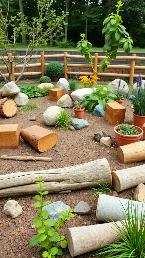 A nature-themed outdoor playground with wooden blocks, rocks, and potted plants.