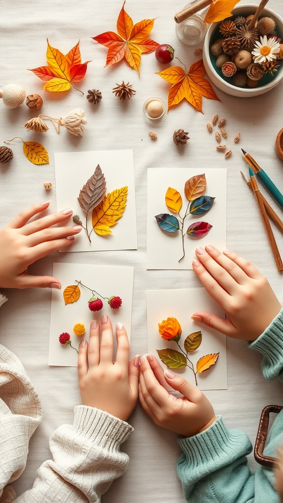 Children creating nature-themed greeting cards with leaves and flowers on a table.