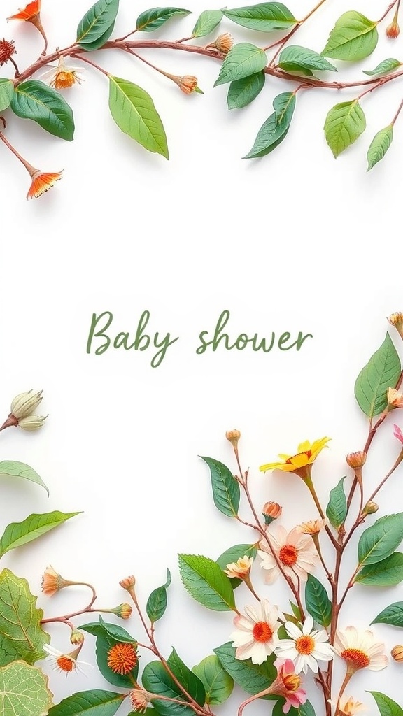 Nature-themed baby shower invitation with flowers and leaves