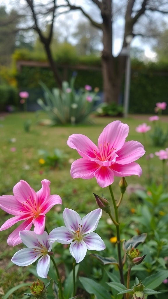 A vibrant garden with pink and white flowers, symbolizing a nature-themed gender reveal.