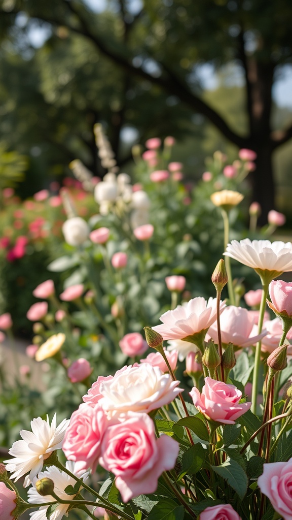 Colorful flowers in a garden with pink roses and white daisies.