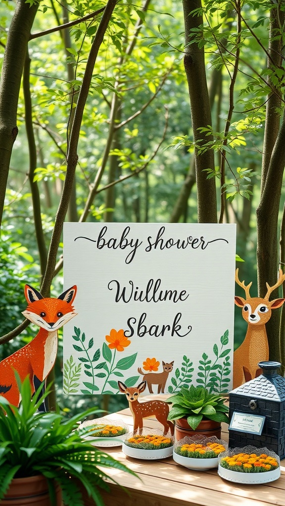 A baby shower welcome sign with woodland creatures in a forest setting.