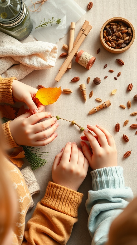 Kids' hands creating nature bracelets with seeds and leaves spread on a table