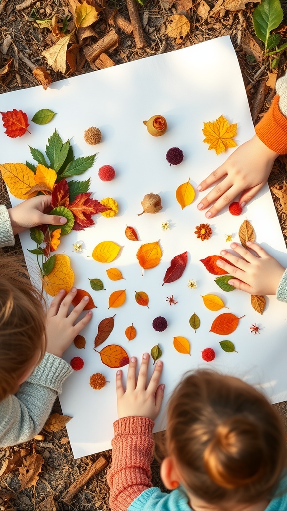 Children creating a nature collage with leaves and flowers.