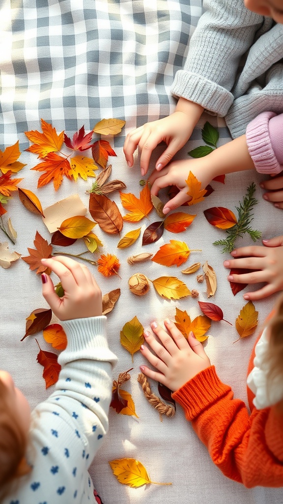 Children's hands arranging colorful leaves and natural materials on a blanket.