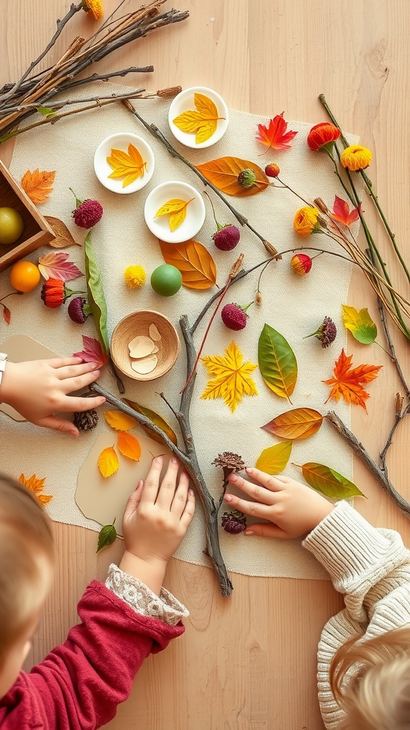 Children's hands working on a nature collage with twigs, leaves, and flowers