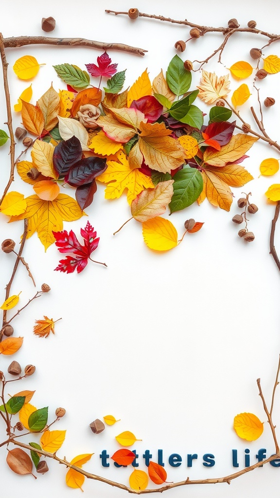 Colorful leaves and twigs arranged in a collage on a white surface