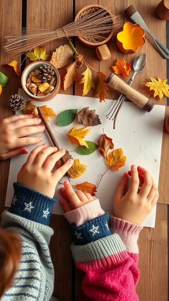 Two toddlers' hands arranging colorful leaves and natural materials to create a collage.